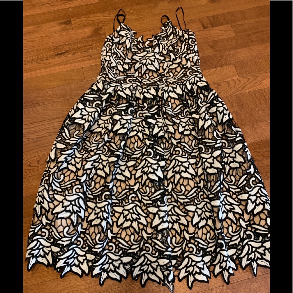 Aqua Black and White Floral Lace Cocktail Dress